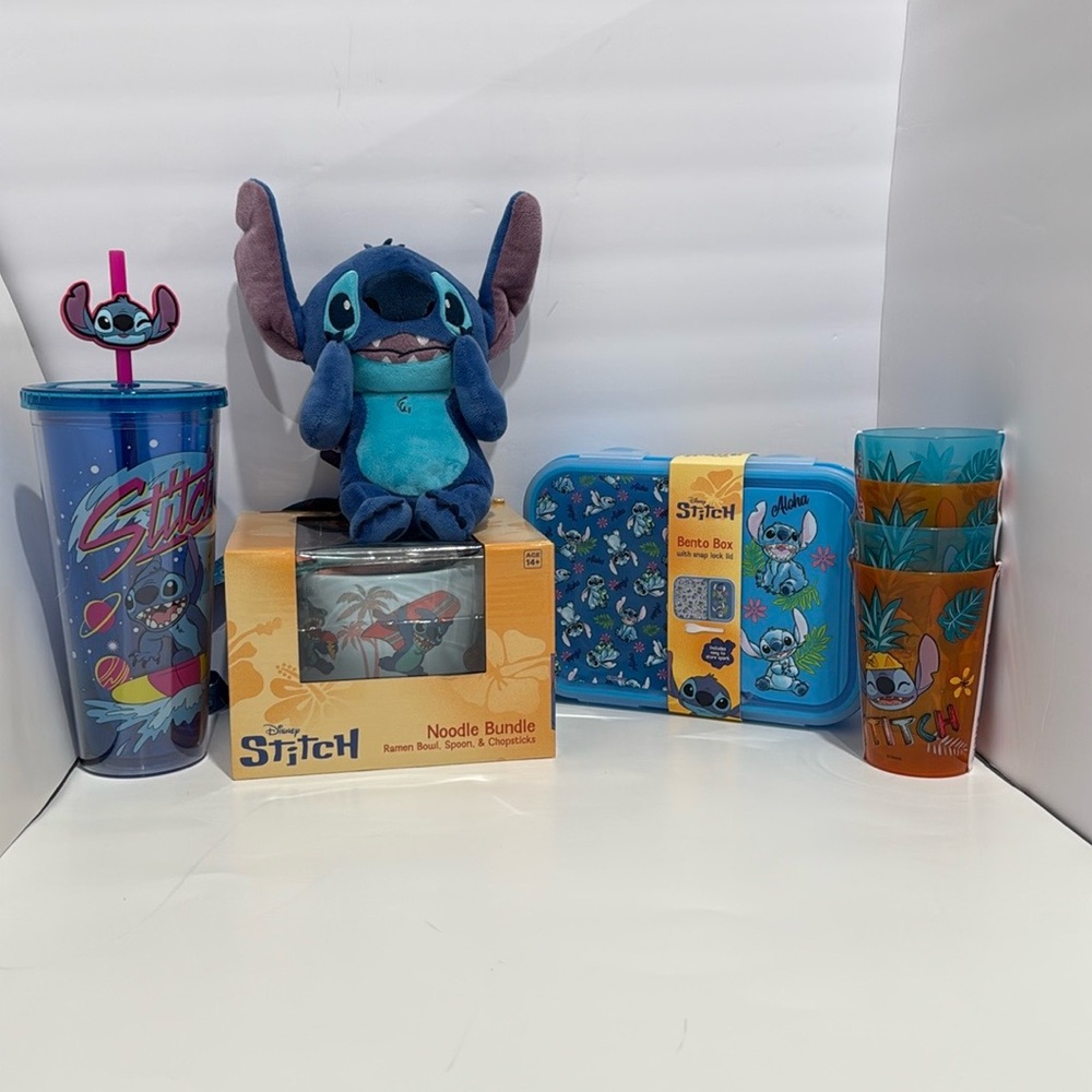 Stitch-themed drinkware and Bento Box Set with a Noodle Bundle & Plush.